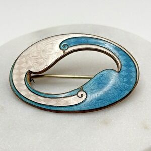 Vintage Guilloche Enamel Sash Pin Brooch Blue White Art Nouveau Unsigned